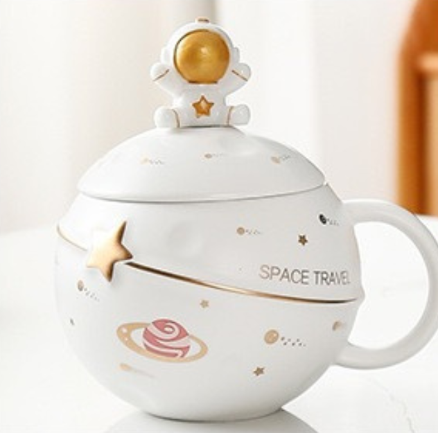 Space Astronaut Pottery Mug with Astronaut Lid&Spoon (400ml/13.52oz)