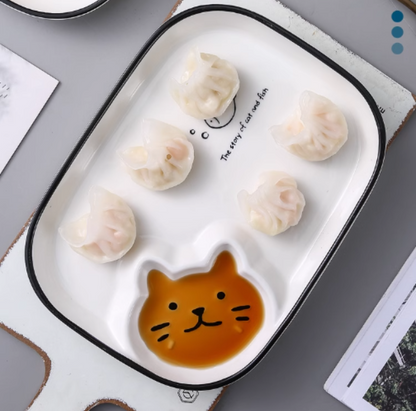 Adorable Kitten Plate for Fries Plate/Dumpling Plate/Sushi Plate, Separate Sauce Compartment Place