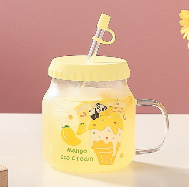 Adorable Fruit Glass Cups with Lid&Straw (650ml/21.97oz)