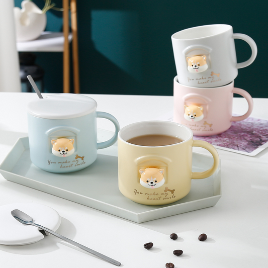 Adorable Cartoon-Style Baby Shiba Inu Ceramic Mug/Pottery with LID&Spoon for Coffee/Tea/Milk/Drinkware (400ml/13.52oz)