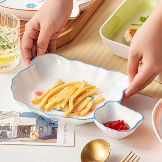 Adorable Baby Teddy Bear Plate/Fries Plate/Dumpling Plate/Sushi Plate, Separate Sauce Compartment Place