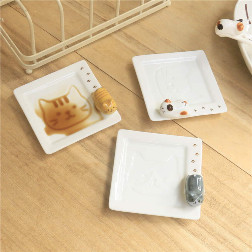 Cute Japanese Style 3D Kitten Sushi Plates, Sauce Plate, Sauce Bowl, Sushi Sauce Plates(9.5x9.5/3.74"x3.74")