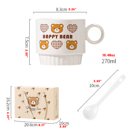 Lovely Teddy Bear Pottery Mug Set (2pcs) with Spoon and Lovely Gift Box for Coffee/Gift/Breakfast/Milk (270ml/10.48oz)