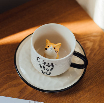 Cute 3D Kitten Mug with Coaster for Coffee/Tea/Milk/Party (200ml/6.76oz)