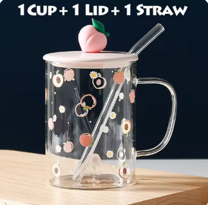 Cartoon fruit print glass cup with Lid/Straw for Coffee/Tea/Milk/Party 500ml/16.90oz