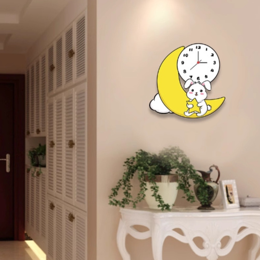 Baby Bunny Moon Clock/Novelty Clock/Funny Clock/Wall Clock/Non Ticking for Home Decor