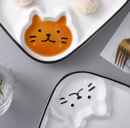 Adorable Kitten Plate for Fries Plate/Dumpling Plate/Sushi Plate, Separate Sauce Compartment Place