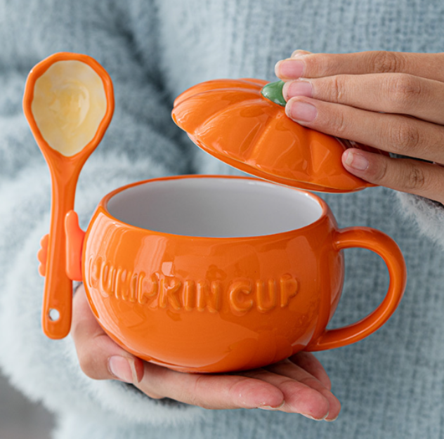 Pumpkin/Avocado Mug/Bowl with Lid&Spoon for Cereal/Soup/Congee (300ml/10.14oz)