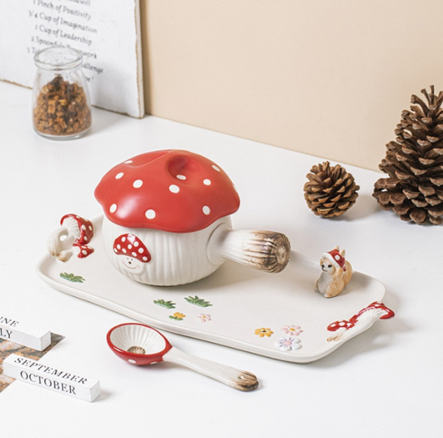 Cartoon Cute Red Mushroom Ceramic Single Handle Bowl SOUP POT/PLATE/SPOON 500ml/16.9oz