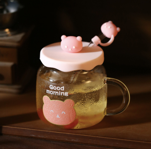 Lovely Teddy Bear Glass Cup with Lid&Straw(Cap)