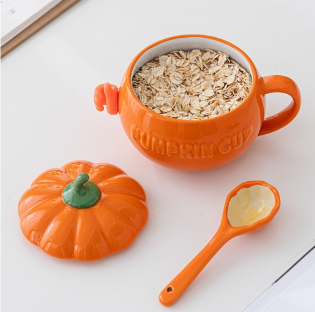 Pumpkin/Avocado Mug/Bowl with Lid&Spoon for Cereal/Soup/Congee (300ml/10.14oz)