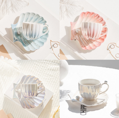 Seashell Mug Cup with a Seashell Saucer, Perfect for the Beach (240ml/8.11oz)