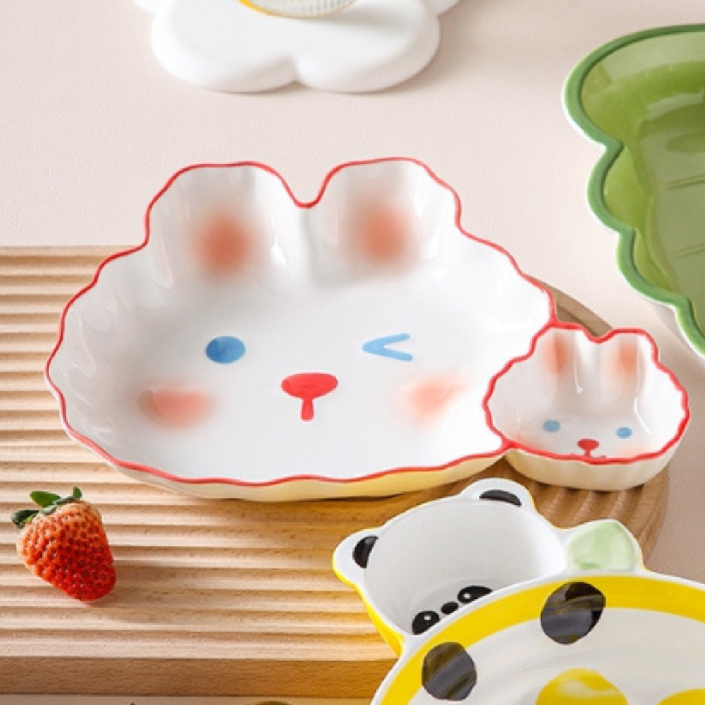 Adorable Baby Bunny Plate/Fries Plate/Dumpling Plate/Sushi Plate, Separate Sauce Compartment Place