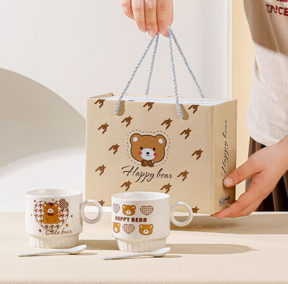 Lovely Teddy Bear Pottery Mug Set (2pcs) with Spoon and Lovely Gift Box for Coffee/Gift/Breakfast/Milk (270ml/10.48oz)