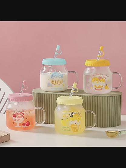 Adorable Fruit Glass Cups with Lid&Straw (650ml/21.97oz)