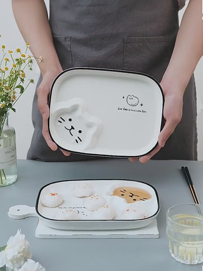 Adorable Kitten Plate for Fries Plate/Dumpling Plate/Sushi Plate, Separate Sauce Compartment Place